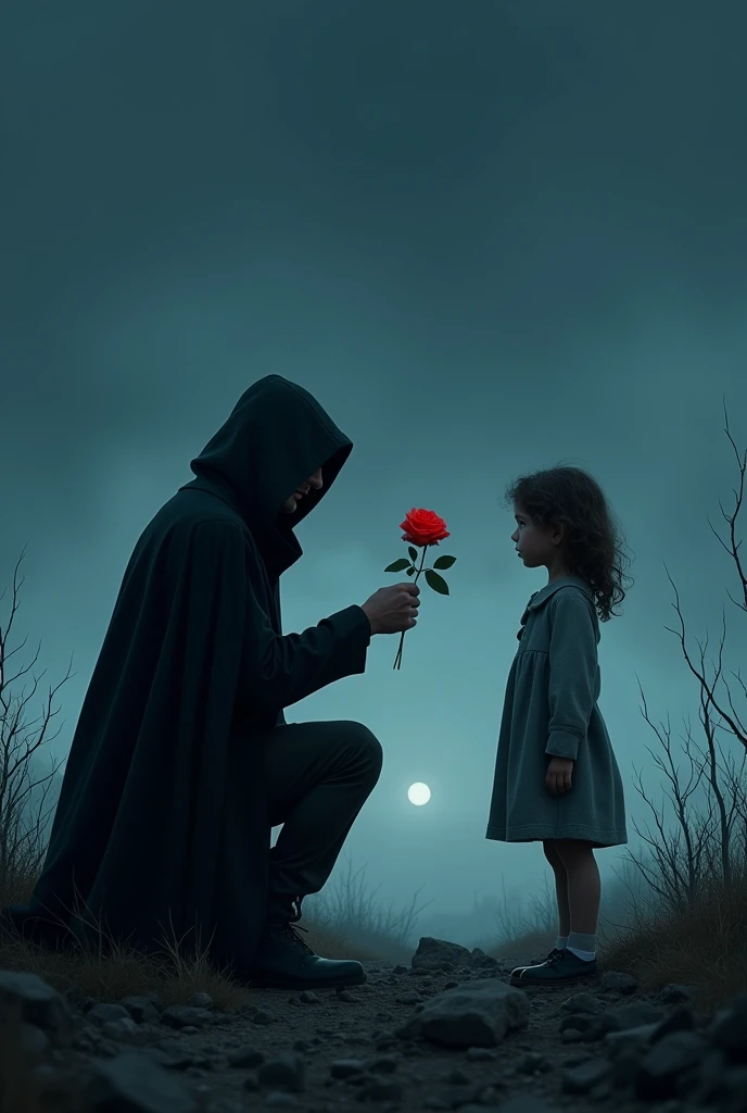 Men with covered face in a proposing position rose in a hand giving it to the 5 year old girl and back ground should be like a war feild and it should be mid night