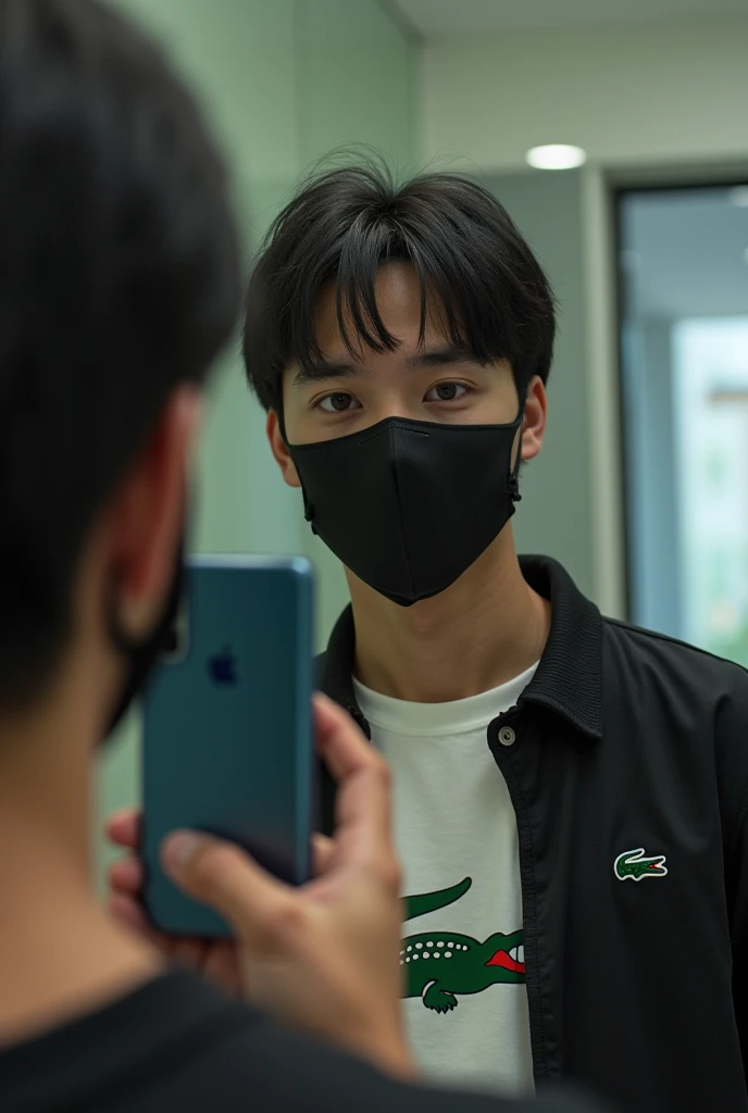 Create a photo of a young Brazilian man taking a photo with a Poco X6 Pro cell phone in front of the mirror wearing a Lacoste outfit and a Nike mask covering his face with straight black hair
