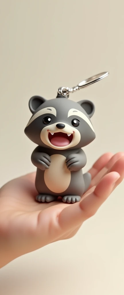 A charming 3D render of a cute, fluffy raccoon baby, or Kawai, holding onto the top of an open hand. The raccoon is growling playfully, displaying its adorable facial expression and small, sharp teeth. The keychain is designed with a minimalist aesthetic, featuring a simplified version of the raccoon character. The overall design is light-hearted and whimsical, perfect for a fun and quirky accessory., 3d render, product