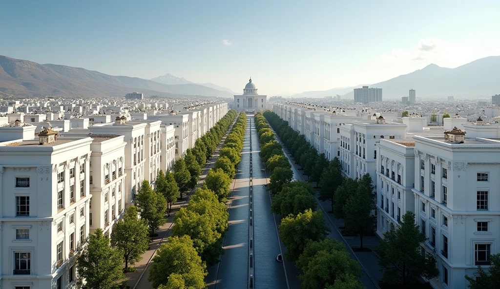 Description for the image:

-Vista: Aerial.
-Format: 16:9.
- Location: Main avenue of the city of Arequipa - Buildings: Two rows of residential buildings, located on both sides of the avenue. There are 4 buildings on the left side and 4 on the right side..
- Design of buildings: Each building has a unique and varied architectural design., all white.
- Height: Each building is approximately 160 meters high and has around 34 floors..
Each building has a separation . 
- Trees and path: Includes trees along the avenue and on the central path.
