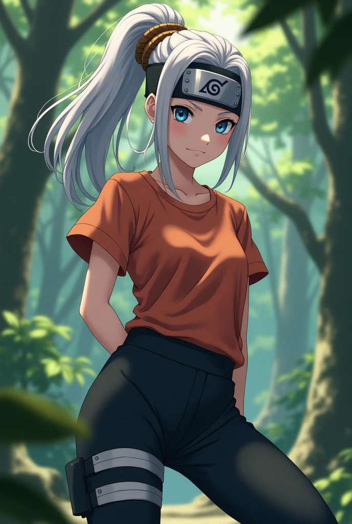 capture d&#39;screen, Style d&#39;Anime Naruto, une fille femme de , light skin tone slightly pale, midsized, Medium chest blue eyes, hair BRAIN, Long, QUEUE DE CHEVAL,WITHOUT REGROWTH,REGULAR, wooden hair barrette, vêtements de ninja SANADA, Dark black pants and reddish orange T-shirt, with a ninja headband, dans une foret
Info.
