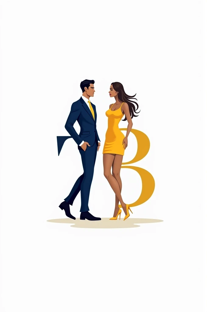 A very simple easy to remember iconic logo for a fashion e-commerce company. The company name is Trendy & Brendy. T and B will be the iconic characters of two people for these two letters. Male iconic character for letter T and female iconic character for letter B. The logo will be made up of T and B and their iconic characters. Only yellow and blue colors will be used in the logo. The logo will exude luxury . White background .vector