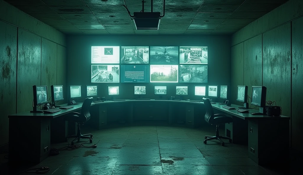 Now make a deserted security room with multiple camera monitors