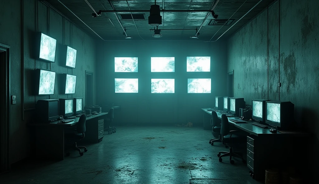 Empty monitoring room with TVs showing locations of the Five Nights at Freddy's-inspired blood-soaked pizzeria