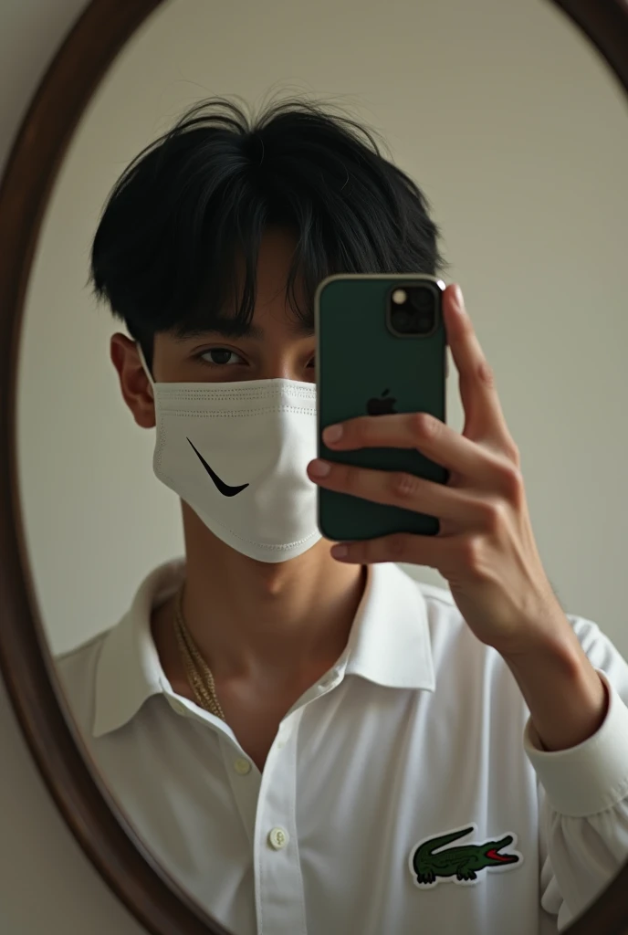 Create a photo of a young Brazilian man taking a photo with an iPhone 15 cell phone in front of the mirror wearing a Lacoste outfit and a Nike mask covering his face with straight black hair