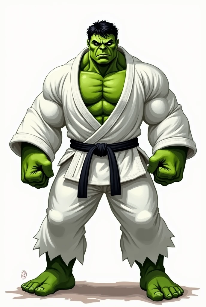 HULK WITH THE GREEN BODY, dressed in a WHITE LONG ARMS JIU JITSU KIMONO , long pants, black Belt, GIANT MUSCULAR, fully body, drawing style, logotype