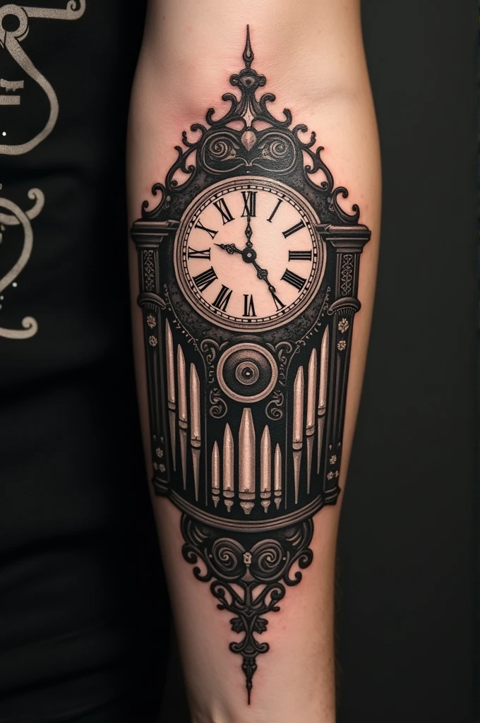 Clock and organ keys tattoo on forearm