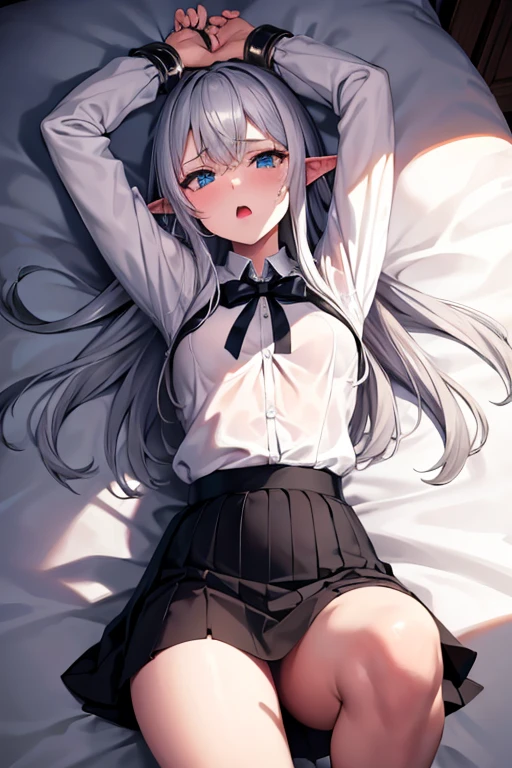 Elf, Silver Hair, In the torture chamber, Lying on a bed and crucified, school uniform, White shirt, skirt, Open your mouth, Raise your hands above your head, Crying face, Small breasts, Bound with big black handcuffs, Spread your legs