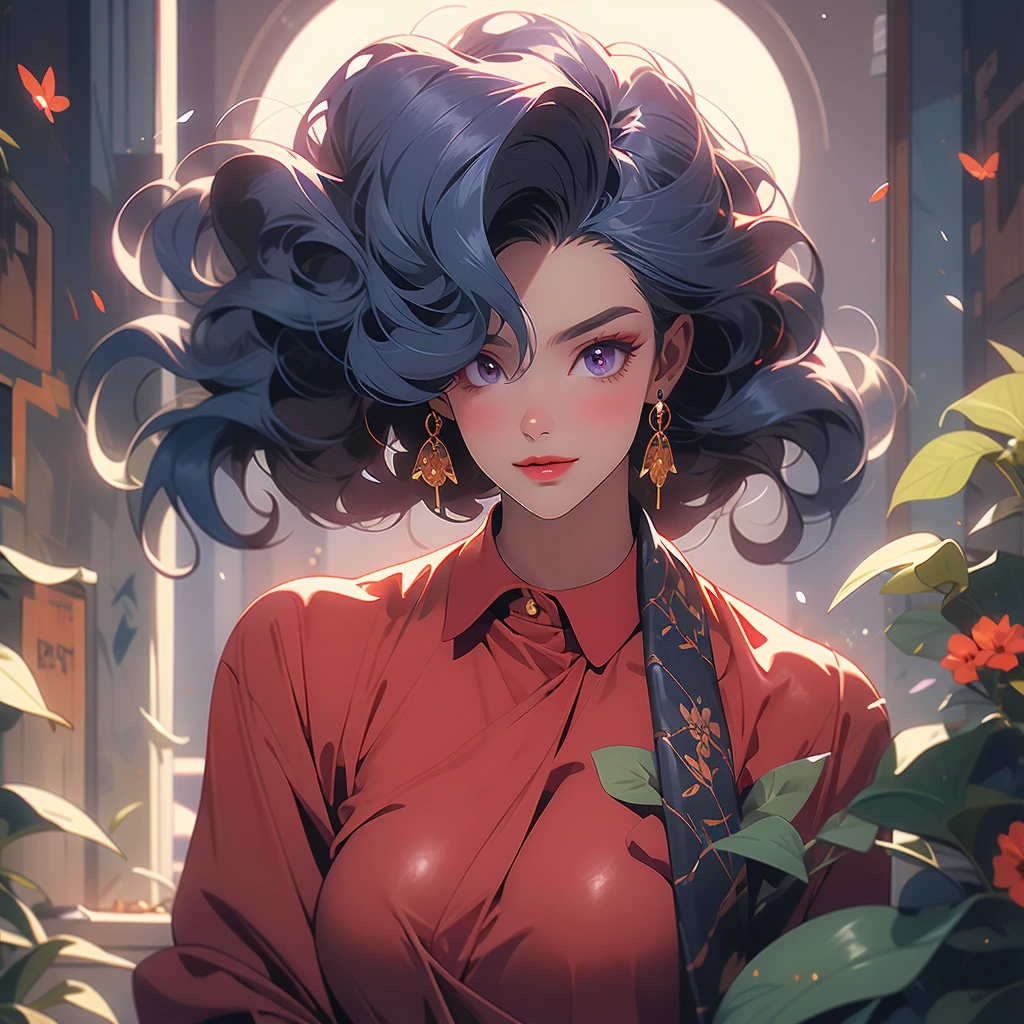 ((best quality)), (detailed), 1 women big pornstar, 8k_wallpaper, extremely detailed eyes, (large masterpiece digital art), (intricate details:1.3 ), (ultra-detailed:1.3), (sharp focus:1.3), (natural lighting:1.05), (vivid colors:1.3), (best quality:1.4), expressive eyes, full body, detailed face, beautiful face, perfect face, ((hair black curls)), (gold eyes), {{dark skin}}, ({dark skinned female}), (big breasts), huge chest, big wide ass, powerful relief muscles of the abdomen and legs, powerful strong muscles of the arms, belly piercing with blue emeralds, cruel predatory and cold-blooded arrogant look and smile, an open red coat with rolled up sleeves, a translucent blue crop top very clear outlines of huge pointed nipples with large piercings under the fabric, steel combat pauldrons, steel bracers and leather gloves, leather shorts under which I can see the clear outlines of a big vagina, she walks along a path in the middle of purple flowers and a purple wheat field against the backdrop of a dirty SUV jeep and a red sun, cyberpunk style and post-apocalypse,