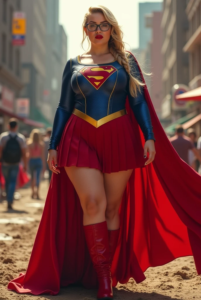 A SEXY AND OVERLY BUSTY FEMALE WITH BLONDE BRAIDED HAIR AND GLASSES WEARING A 1984 BLUE SUPERGIRL COSTUME COMEPLETE WITH A LONG READ PLEATED SKIRT WITH A YELLOW SUPERGIRL BELT, A PAIR OF RED HEELED BOOTS WITH YELLOW TRIM, AND A LONG FLOWING RED CAPE WITH THE GOLD "S" EMBLEM. RED LIPSTICK, RED FINGERNAILS. INCREDIBLY DETAILED GLOWING SKIN, INCREDIBLEY DETAILED FACE, INCREDIDBLEY DETAILED CLOTHING, TEXTURED SKIN PORES, TEXTURED HAIR, 8K ABSURD RESOLUTION, MASTERPIECE. PHOTO REALSITIC, HYPER REALISTIC. CHAOTIC BACKGROUND. 16K RESOLUTION. PREFESSIONAL GRADE IMAGE.