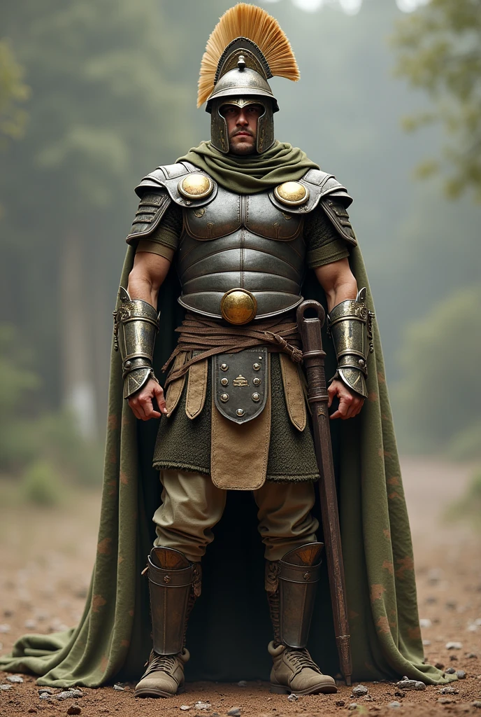 image of a Roman soldier in the 21st century mix the armor of the Roman soldier with a camouflage helmet with a beige crest camouflage vest characteristic uniform of the 21st century military boots camouflage greaves in the Roman style with camouflage cloak camouflage pants