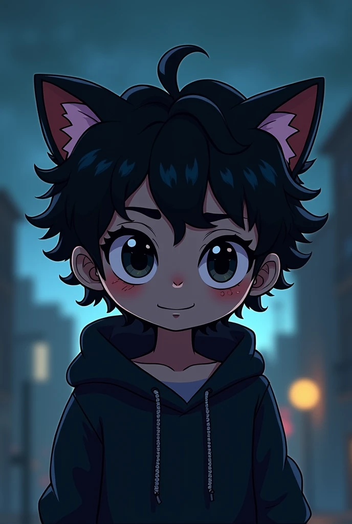 A cartoon image about a  boy cat curly hair with bangs YouTube gloomy at night with mouth covered with outfit black eyes color Gamer smiling