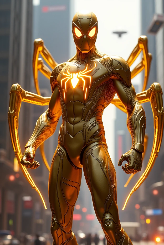 Make a Spider-Man with a futuristic gold suit, eyes shooting real fire and wearing a Thanos gauntlet, remember if, behind the costume there should be 8 spider legs made of gold