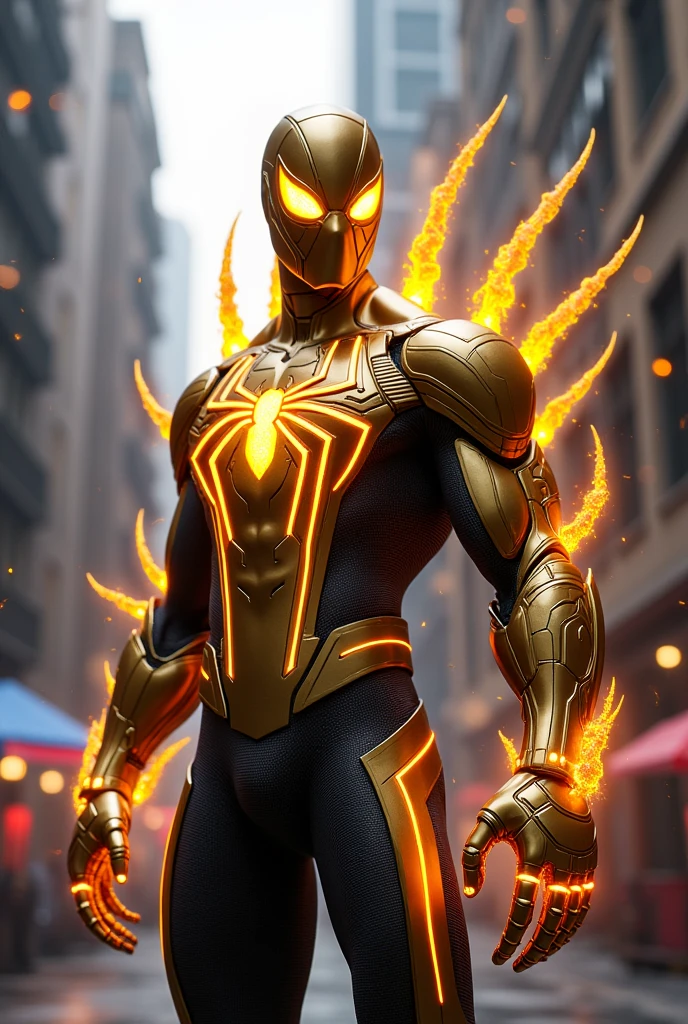 Make a Spider-Man with a futuristic gold suit, eyes shooting real fire and wearing a Thanos gauntlet, remember if, behind the costume there should be 8 spider legs made of gold