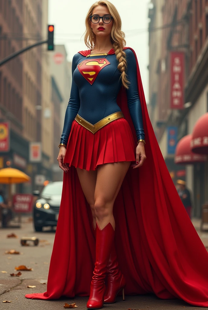 A SEXY AND OVERLY BUSTY FEMALE WITH BLONDE BRAIDED HAIR AND GLASSES WEARING A 1984 BLUE SUPERGIRL COSTUME COMEPLETE WITH A LONG READ PLEATED SKIRT WITH A YELLOW SUPERGIRL BELT, A PAIR OF RED HEELED BOOTS WITH YELLOW TRIM, AND A LONG FLOWING RED CAPE WITH THE GOLD "S" EMBLEM. RED LIPSTICK, RED FINGERNAILS. INCREDIBLY DETAILED GLOWING SKIN, INCREDIBLEY DETAILED FACE, INCREDIDBLEY DETAILED CLOTHING, TEXTURED SKIN PORES, TEXTURED HAIR, 8K ABSURD RESOLUTION, MASTERPIECE. PHOTO REALSITIC, HYPER REALISTIC. CHAOTIC BACKGROUND. 16K RESOLUTION. PREFESSIONAL GRADE IMAGE.
