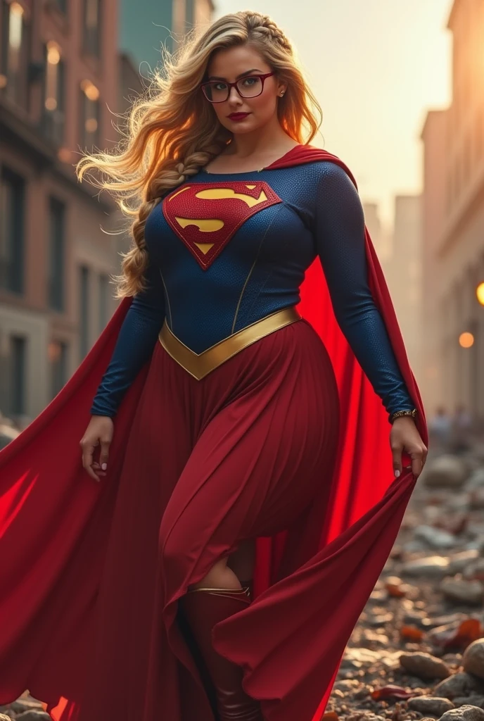 A SEXY AND OVERLY BUSTY FEMALE WITH BLONDE BRAIDED HAIR AND GLASSES WEARING A 1984 BLUE SUPERGIRL COSTUME COMEPLETE WITH A LONG READ PLEATED SKIRT WITH A YELLOW SUPERGIRL BELT, A PAIR OF RED HEELED BOOTS WITH YELLOW TRIM, AND A LONG FLOWING RED CAPE WITH THE GOLD "S" EMBLEM. RED LIPSTICK, RED FINGERNAILS. INCREDIBLY DETAILED GLOWING SKIN, INCREDIBLEY DETAILED FACE, INCREDIDBLEY DETAILED CLOTHING, TEXTURED SKIN PORES, TEXTURED HAIR, 8K ABSURD RESOLUTION, MASTERPIECE. PHOTO REALSITIC, HYPER REALISTIC. CHAOTIC BACKGROUND. 16K RESOLUTION. PREFESSIONAL GRADE IMAGE.