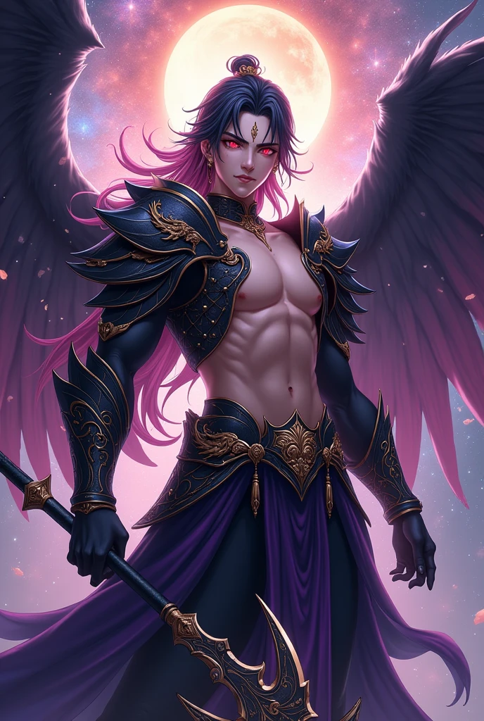 Handsome young xianxia protagonist,guy,man,long black with pink strand hair, Crimson red and pink eyes combination ,and long silver hair with pink undertone,and the golden rune motiv scratched on his forehead,use armour featuring like God of evil with black and purple dominant color,pauldron protective shape like dragon head,breastplate featuring like azure dragon head,breastplate detailed azure dragon head shape,shoulder protective dragon shape like head red and blue,sun and moon and nebulae circling at the background,nebula destruction detail,the tassel of the armour like river of galaxy,open Abs, combination of black and purple dominant color,purple dominant color, purple dominant color armour,with majestic purple line ,held halberd of abyss, And majestic black wings at back,arch angle wings at back,terrifying aura around,24K ultra hd,face and eyes detail,lips and face detail,masterpiece ,better quality