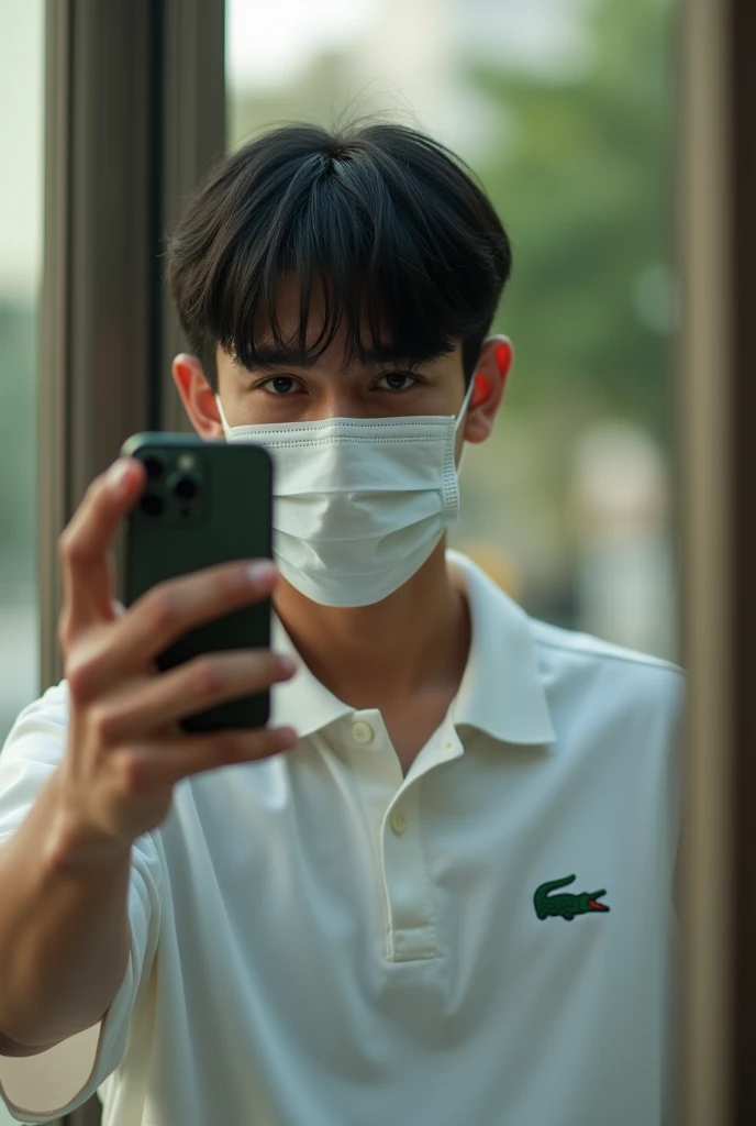 Create a photo of a young Brazilian man taking a photo with an iPhone 15 cell phone in front of the mirror wearing a Lacoste outfit and a Nike mask covering his face with straight black hair