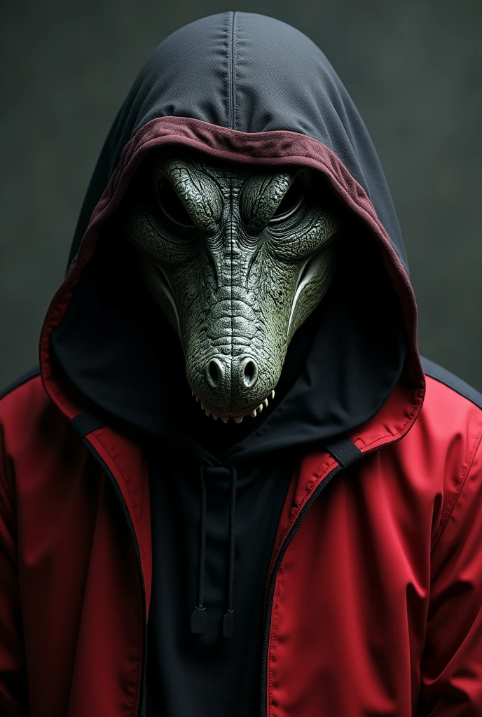 A man wearing a corocodile mask and wearing black and red clothes
