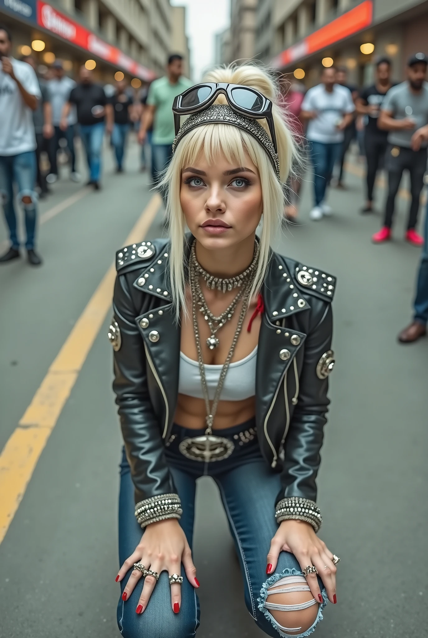 russian old milf woman, blonde platinum hair (beehive bun) and oversized square sunglasses as headband), with very light blue eyes, extremely pale. Wearing studded cropped black moto jacket (skull patches on the sleeves), red satin push up bra, dark skinny low rise blue jeans with patched holes on knees . Lots of thick wide studded bracelets, chain collars and big rings. Tacky wide studded leather belt with big eagle oval buckle. Long earrings with chains. Kneeling, craving for the ice cream of the photographer. Hands down touching the ground, showing off bracelets and rings. Looking at the camera, Toned abdominals, thin neck, slim legs and thin arms. Narrow hips. Crowded street of Saudi Arabia