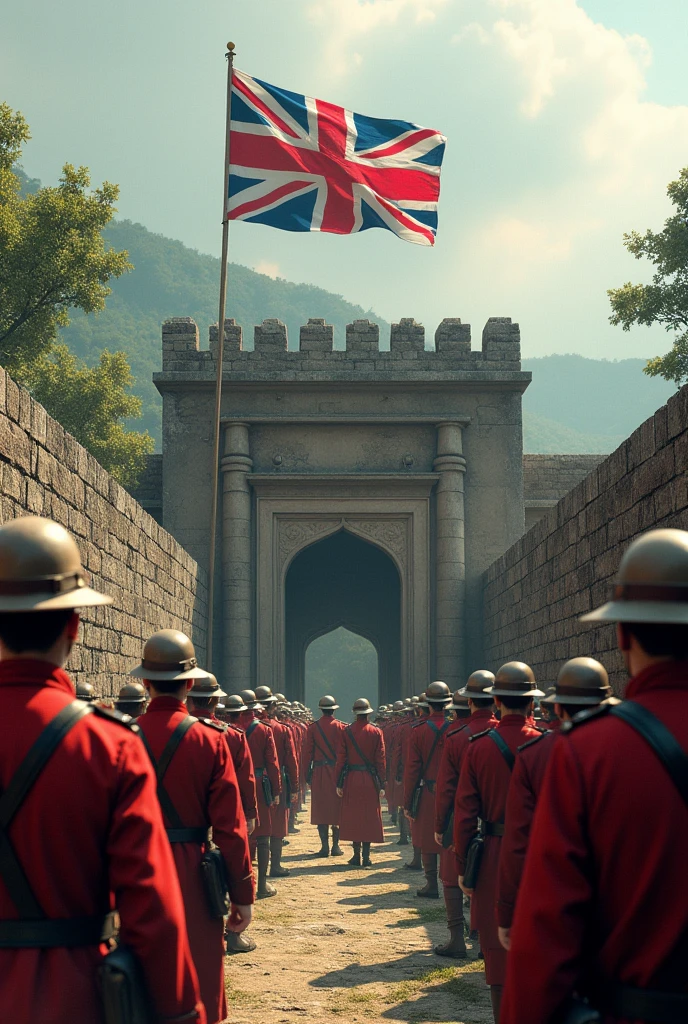 (photorealism:1.2), British Army in Kangla Fort, Imphal, Manipur, India during the Anglo-Manipuri War with the union jack flag hoisted.