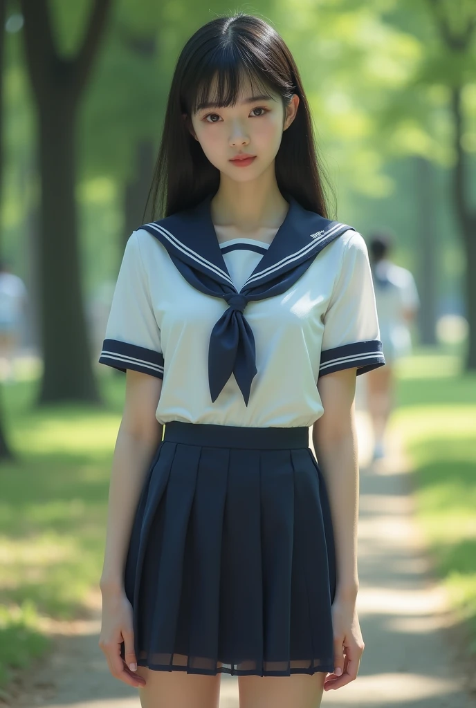 1 female, long hair, RAW photo, bokeh (realism: 1.4, realistic), high detail CG unified 8K wallpaper, 1girl, ((slim body: 1)), (small breasts: 1), back to viewer, ((direct view from the front)), (HQ skin: 1.4), 8k uhd, dslr, soft light, high quality, film grain, Fujifilm XT3, ((school uniform, short skirt,see through open skirt:1.5)), ((outdoor, at park))) jangjoo, portrait,((Layered short Haircut, black hire,small breast:1.2)),(looking at viewer:1.4),(full body:1.8)