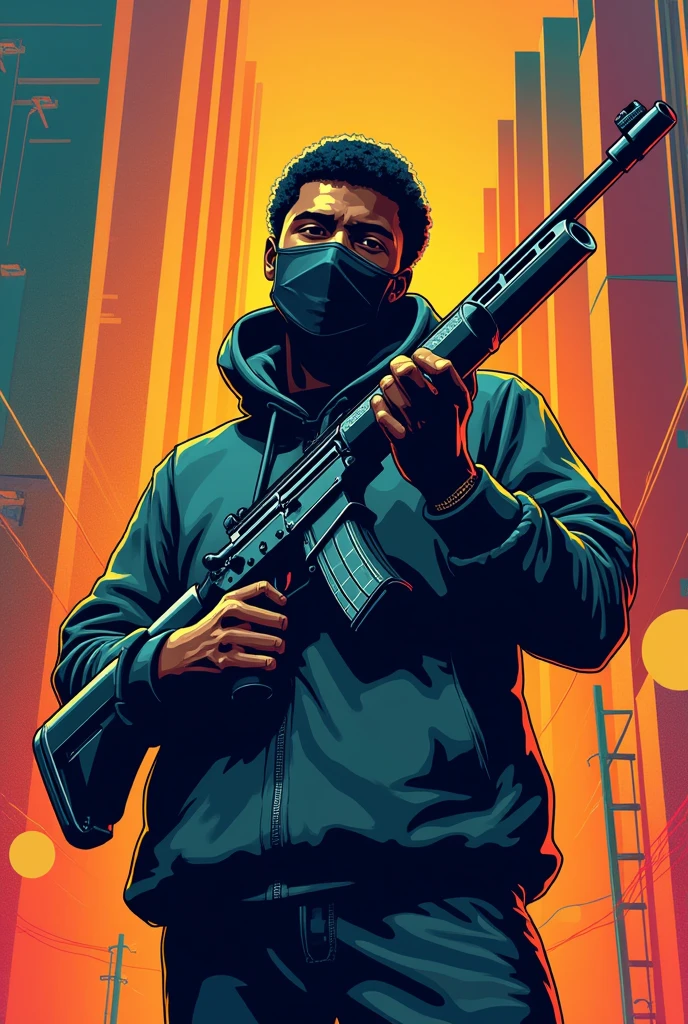 Make a light-skinned black character wearing a mask covering the mouth but not covering the eye pointing a game rifle upwards in cartoon style with a Hardtrap album cover theme