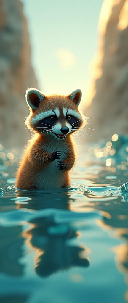 A visually stunning and thought-provoking photo with a Droste effect, featuring a mesmerizing golden-blue crystalline sea. Multiple layers of the same image create a captivating abstract scene, with the adorable Kawai baby raccoon growling at the horizon. The golden-blue color palette adds a touch of magic and dreaminess to the image. The composition includes multiple exposures and 3D render elements, creating a unique and inspiring visual experience.