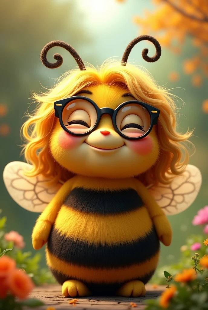 A bee with glasses and long wavy hair smiling