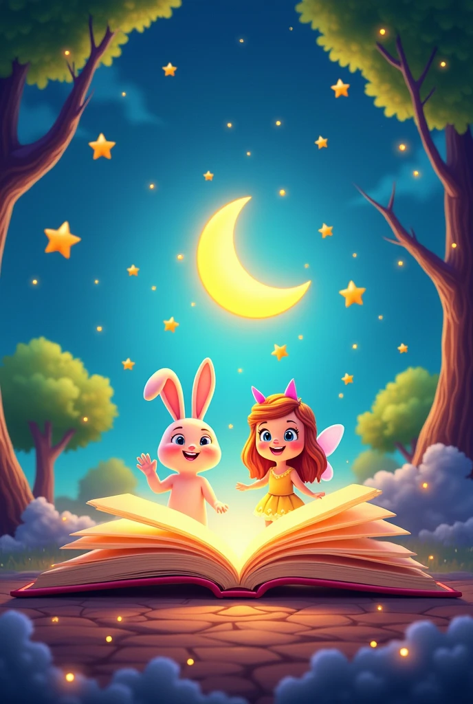 Create a vibrant and welcoming image for a children&#39;s storytelling channel. The image must show a magical scene with an open book, where do fairy tale characters come from?, like a smiling bunny, a bright fairy and an enchanted moon. The background must be colored, with stars shining and animated trees all around. Include a friendly title that says &#39;Enchanted Stories&#39;. The image must convey fun, imagination and magic, with a playful and attractive illustration style.