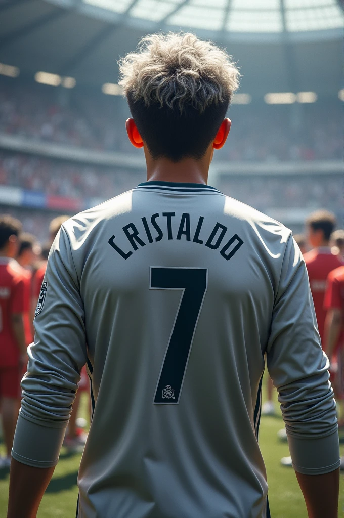 Real Madrid player named Oscar Cristaldo who wears number 7, long sleeve,
Silver and short curly being shown to his new fans, a young realistic player with his back to the number 7 and named Cristaldo