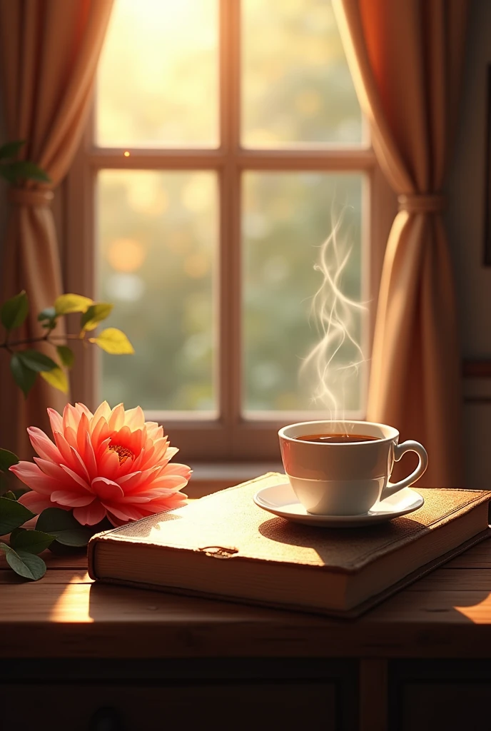 book,coffee,flower,By the window