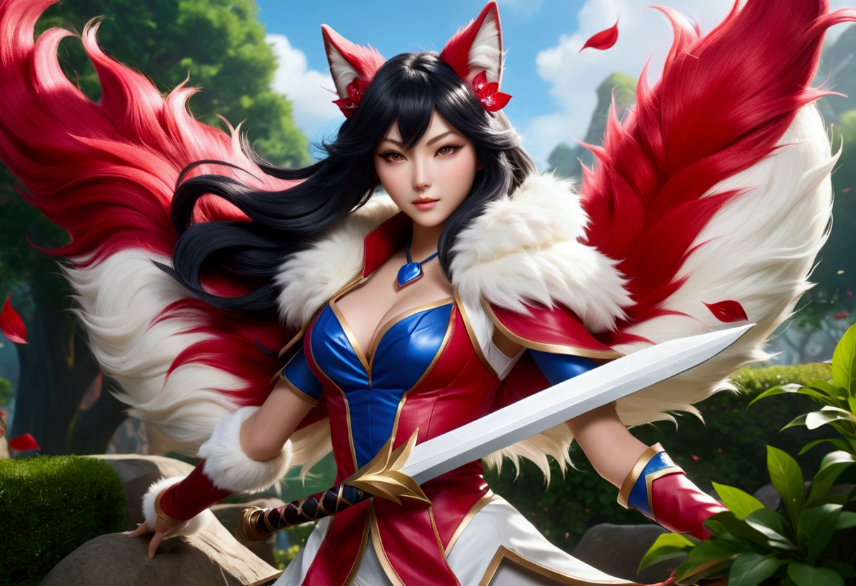 make full shot, landscape cinematic photo, ultra high realistic, natural human skin, detail image, legend of league game charater Ahri.