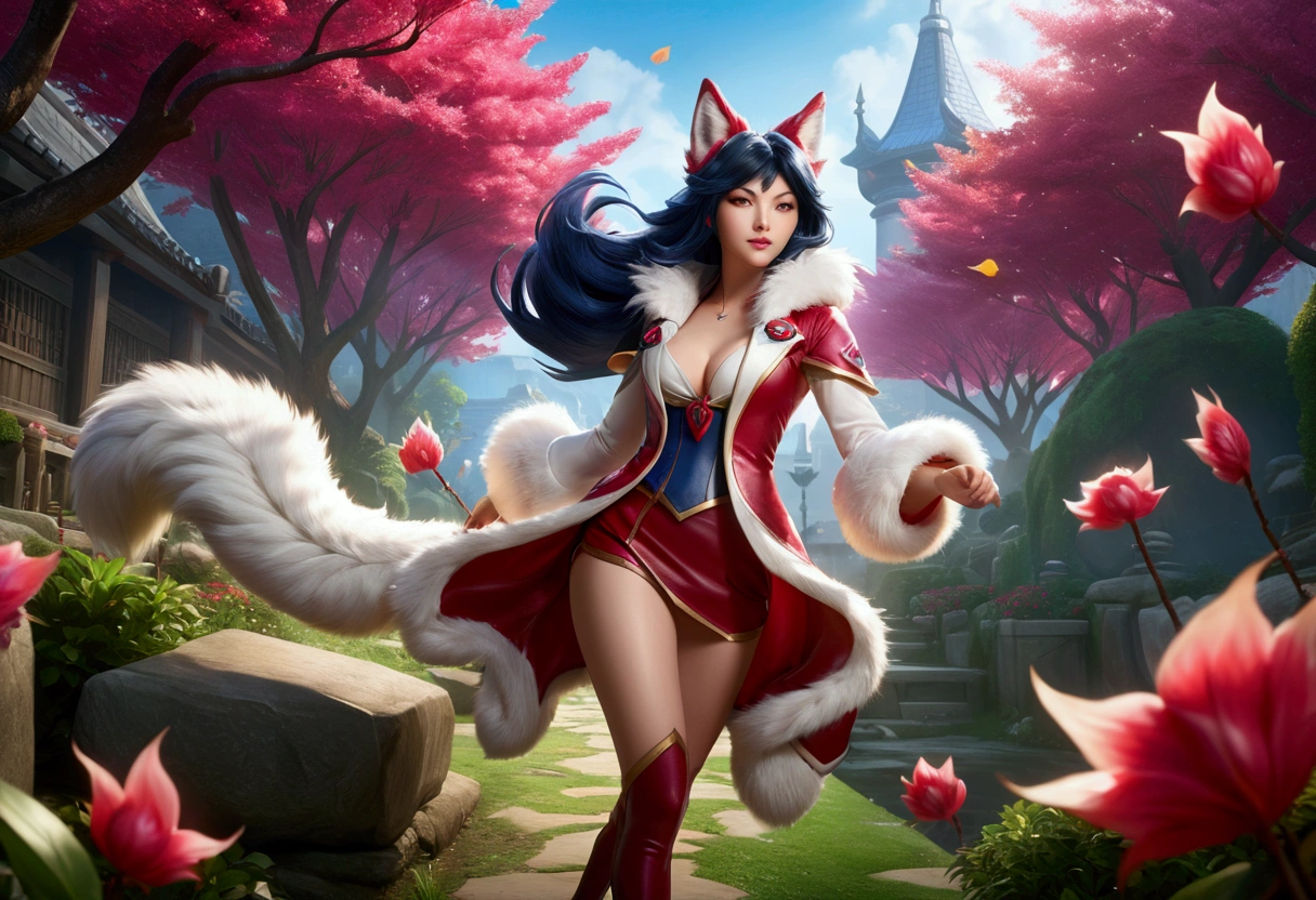 make full shot, landscape cinematic photo, ultra high realistic, natural human skin, detail image, legend of league game charater Ahri.