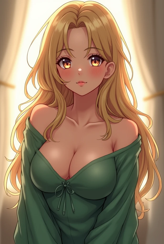 sexy anime girl, blond hair, sweet face, big breasts, green sweater