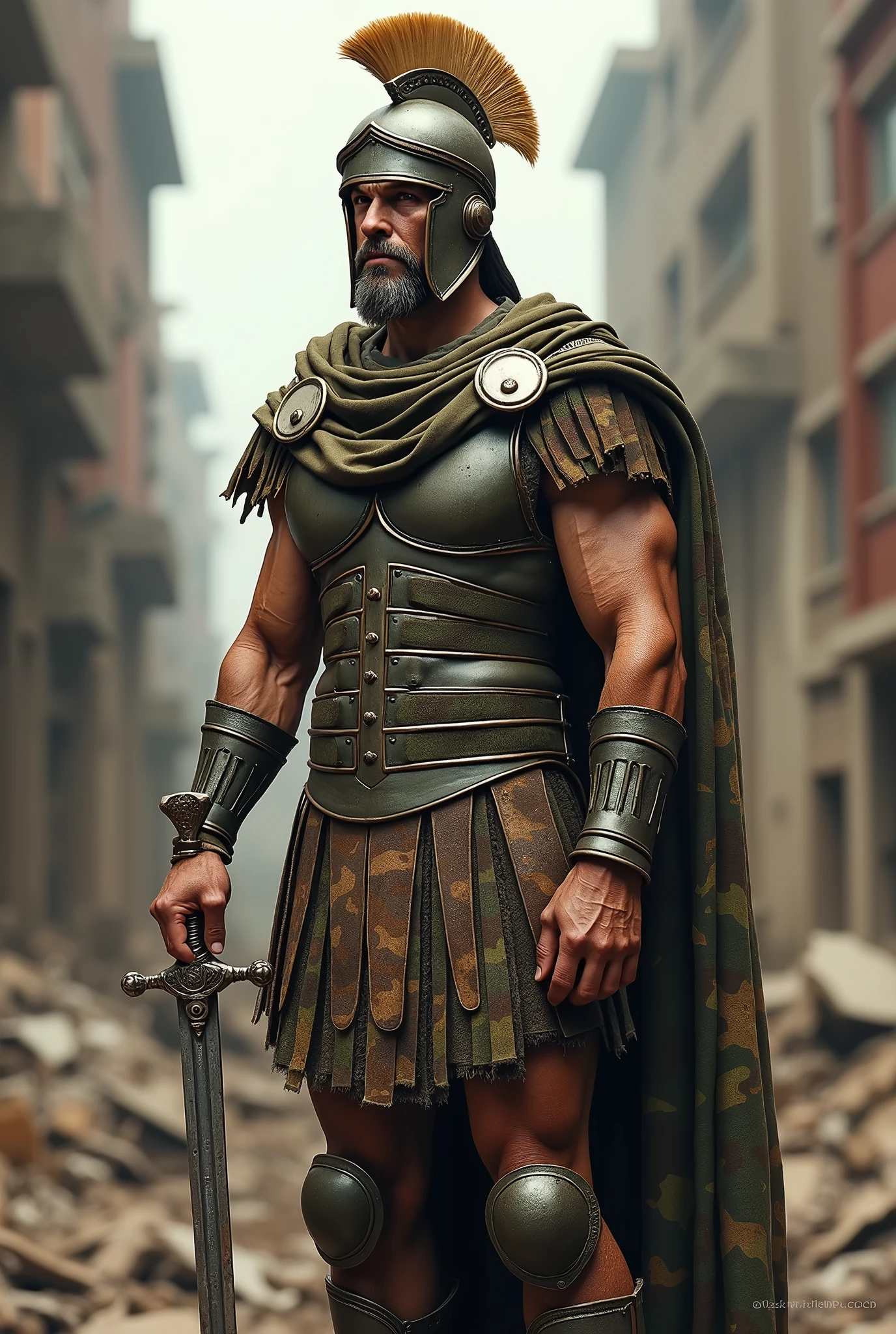 image of a Roman soldier in the 21st century mix the armor of the Roman soldier with a camouflage helmet with a beige crest camouflage vest characteristic uniform of the 21st century military boot camouflage greaves in the Roman style with camouflage cloak