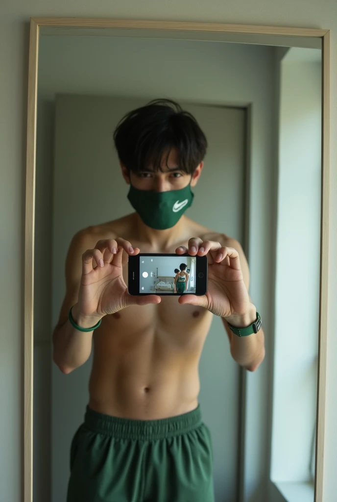 Create a photo of a young Brazilian man taking a photo with an iPhone 3 camera cell phone facing the mirror wearing a Lacoste outfit and a Nike mask covering his face with straight black hair 