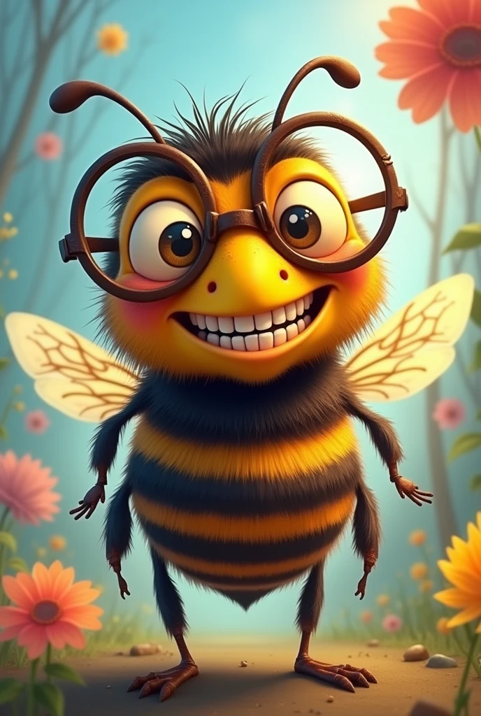 A bee with glasses and long wavy hair smiling with teeth 