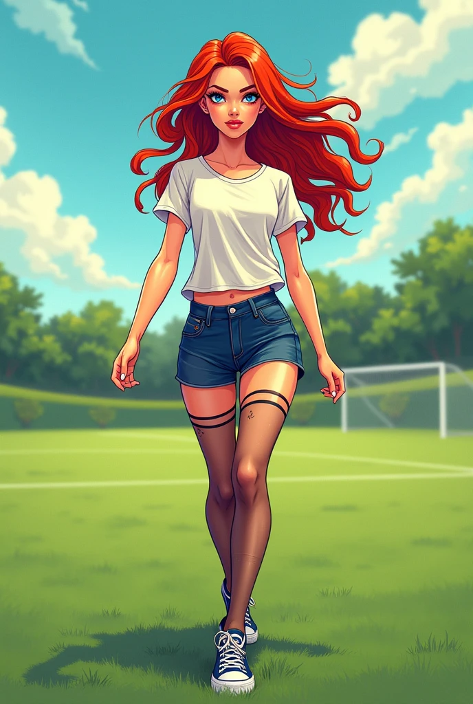 comic toons, 1 girl, thin, tall, light foot, long hair, waist-length hair, red hair, blue eyes, lined eyelids, piercing on the right ear, sports tennis shoes, white short-sleeved blouse, short navy blue shorts, stockings Long transparent black, worn stockings, full body, walking with elegance, soccer field