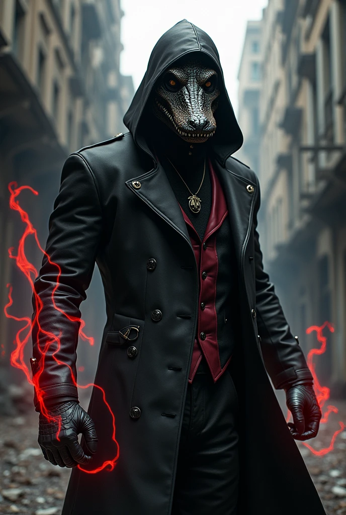 A man wearing a corocodile mask and wearing black and red clothes with magnetic powers