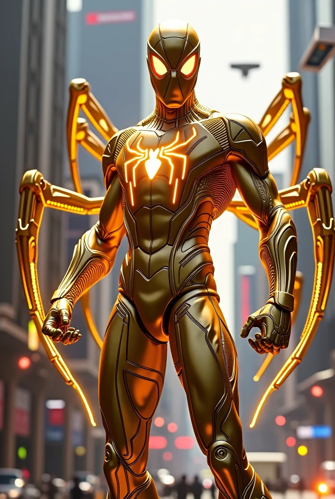 Make a Spider-Man with a futuristic gold suit, eyes shooting real fire and wearing a Thanos gauntlet, remember if, behind the costume there should be 8 spider legs made of gold