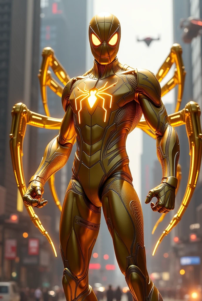 Make a Spider-Man with a futuristic gold suit, eyes shooting real fire and wearing a Thanos gauntlet, remember if, behind the costume there should be pider legs made of gold