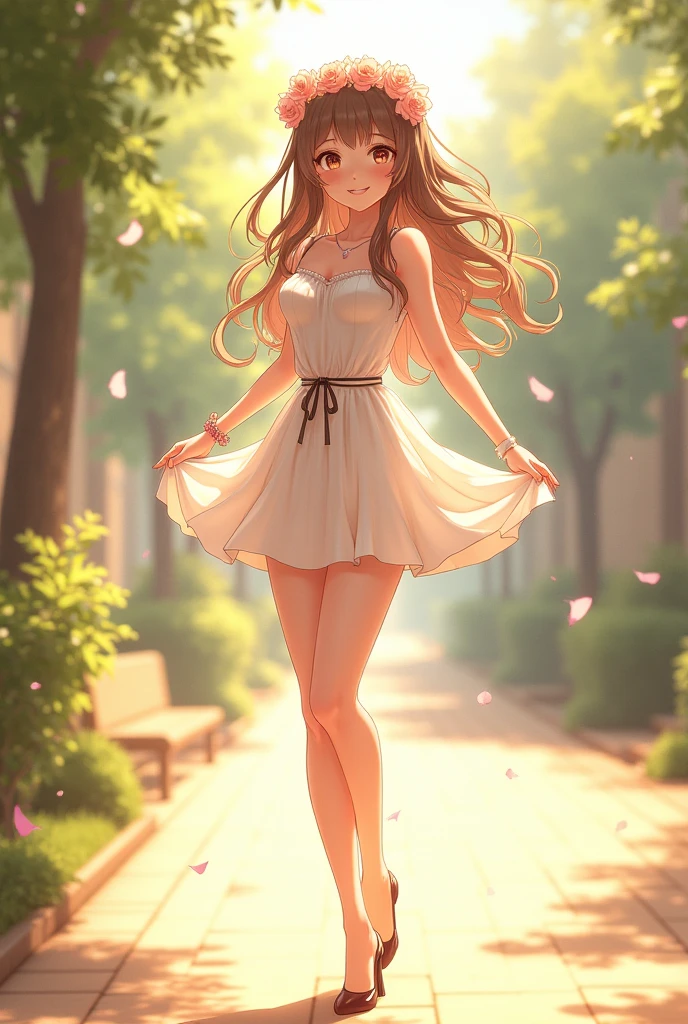 Ultra high quality，High heel，Short skirt，Smile，Sunlight，White Dress，Wear flowers on your head，School Belle，charming，Ribbon