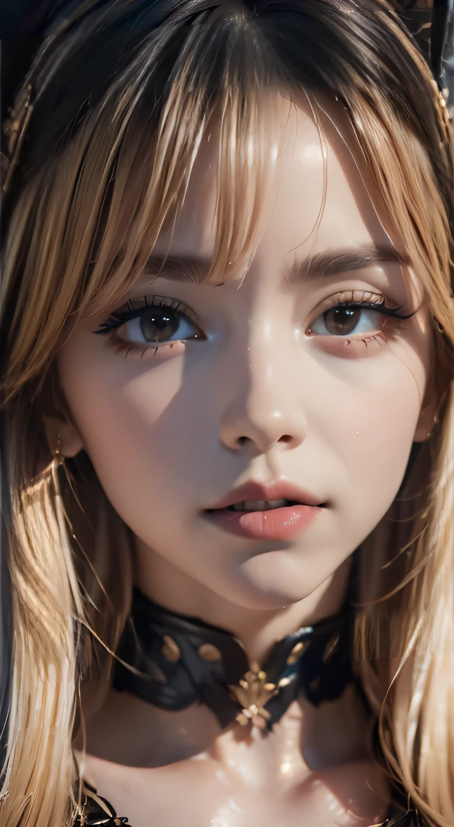 (8k Ultra HD, image 9:17, 8k, masterpiece, RAW Photos, best quality, detail: 1.6), 3d, Rich colors, photorealistic, (incredibly detailed CG Unity 8k wallpaper), cinema light, (sharp focus: 1.2), (extremely beautiful face, beautiful lips, beautiful big eyes), clean eyes, (Big smile), beautiful nod_woman, a ((woman with long (((bionde)) hair)), The perfect nod_body, The perfect nod_face, (((dark makeup, Red lipstick, eyeliner, Fluffy black hair, Hair illumination, Volumetric lighting, Expressive eyes))), ((face with intricate details)), ((very detailed skin)), ((close up face:1.3)), upper body shot)