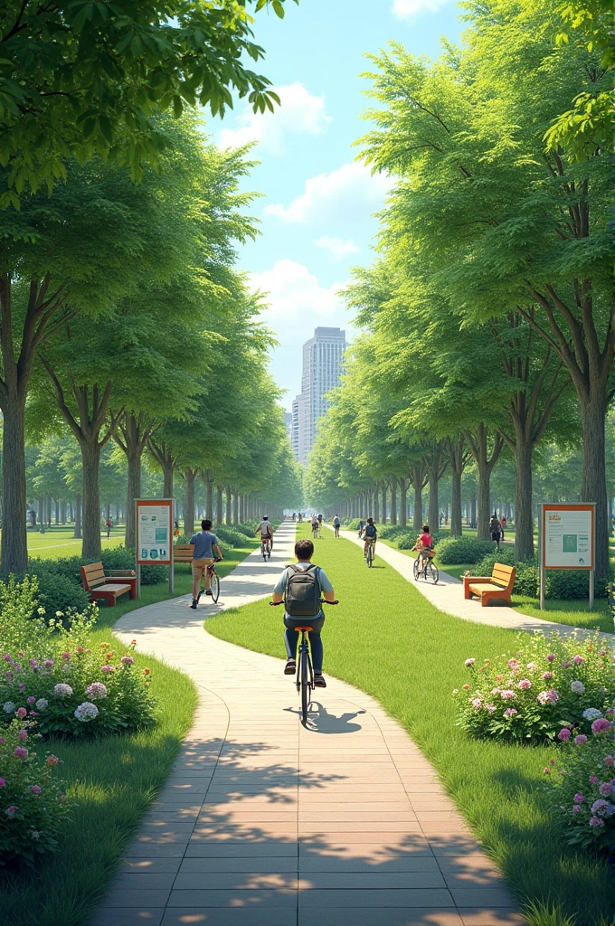 Resilient city with a bicycle street as an avenue with many trees. To the right is a meandering path with information boards, meadow, a barbecue area, Bushes, benches, a kiosk, barrier-free toilet, Floral