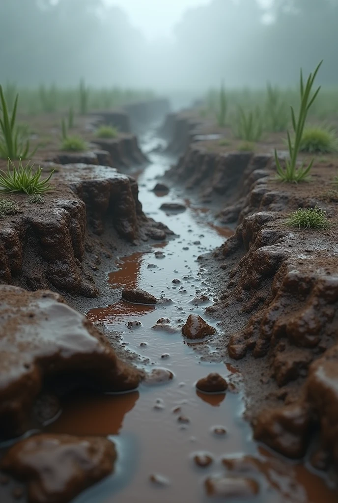 an earthen landscape, after a long rain, which left it wet, muddy and soaked, presenting an unparalleled level of realism, with every scale, fold and texture meticulously rendered in ultra-high definition , evoking a sense of tangible, realistic presence, set against a neutral, gradient-free background that allows the viewer's focus to remain fixed, captured in a photorealistic portrait at 8k resolution, utilizing cutting-edge Unreal Engine 5 technology to produce an image of Unparalleled fidelity, with a 4:5 aspect ratio and quality setting 2, scaled to 1000 pixels.