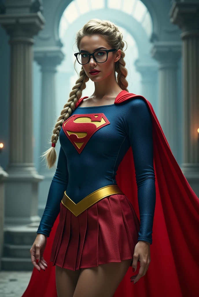 A SEXY AND OVERLY BUSTY FEMALE WITH BLONDE BRAIDED HAIR AND GLASSES WEARING A 1984 BLUE SUPERGIRL COSTUME COMEPLETE WITH A LONG READ PLEATED SKIRT WITH A YELLOW SUPERGIRL BELT, A PAIR OF RED HEELED BOOTS WITH YELLOW TRIM, AND A LONG FLOWING RED CAPE WITH THE GOLD "S" EMBLEM. RED LIPSTICK, RED FINGERNAILS. INCREDIBLY DETAILED GLOWING SKIN, INCREDIBLEY DETAILED FACE, INCREDIDBLEY DETAILED CLOTHING, TEXTURED SKIN PORES, TEXTURED HAIR, 8K ABSURD RESOLUTION, MASTERPIECE. PHOTO REALSITIC, HYPER REALISTIC. MYSTICAL BACKGROUND. 16K RESOLUTION. PREFESSIONAL GRADE IMAGE.