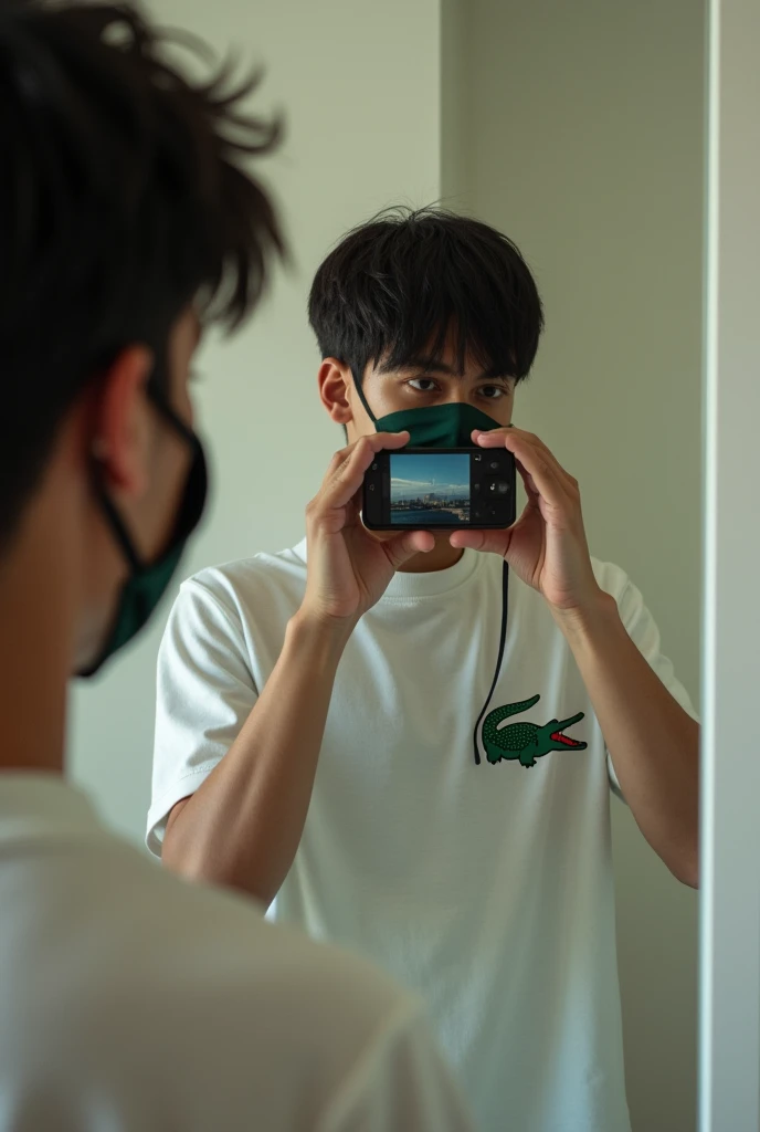 Create a photo of a young Brazilian man taking a photo with an iPhone 3 camera cell phone facing the mirror wearing a Lacoste outfit and a Nike mask covering his face with straight black hair 