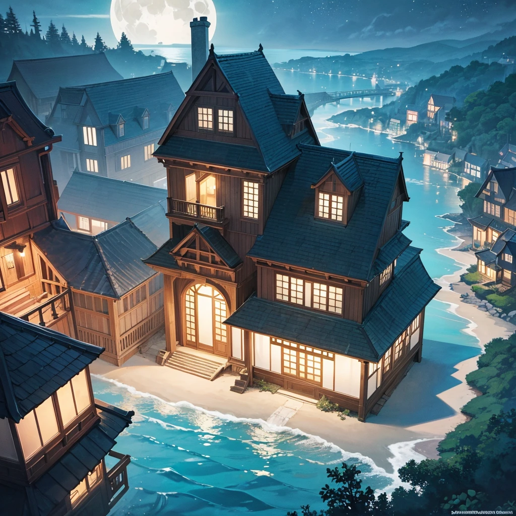 Imagine a quaint, two-story house perched on a cliff overlooking a serene beach, bathed in the soft glow of a full moon. The house, made of smooth, whitewashed stone, has potted plants on the balconies, with vines cascading down the walls. The ocean sparkles under the moonlight, reflecting a sky filled with stars and wispy clouds. The scene exudes a Ghibli vibe, blending fantasy and reality with hyper-detailed color art. The waves gently crash against the shore, and the house seems to hum with a magical energy, as if it’s alive.
