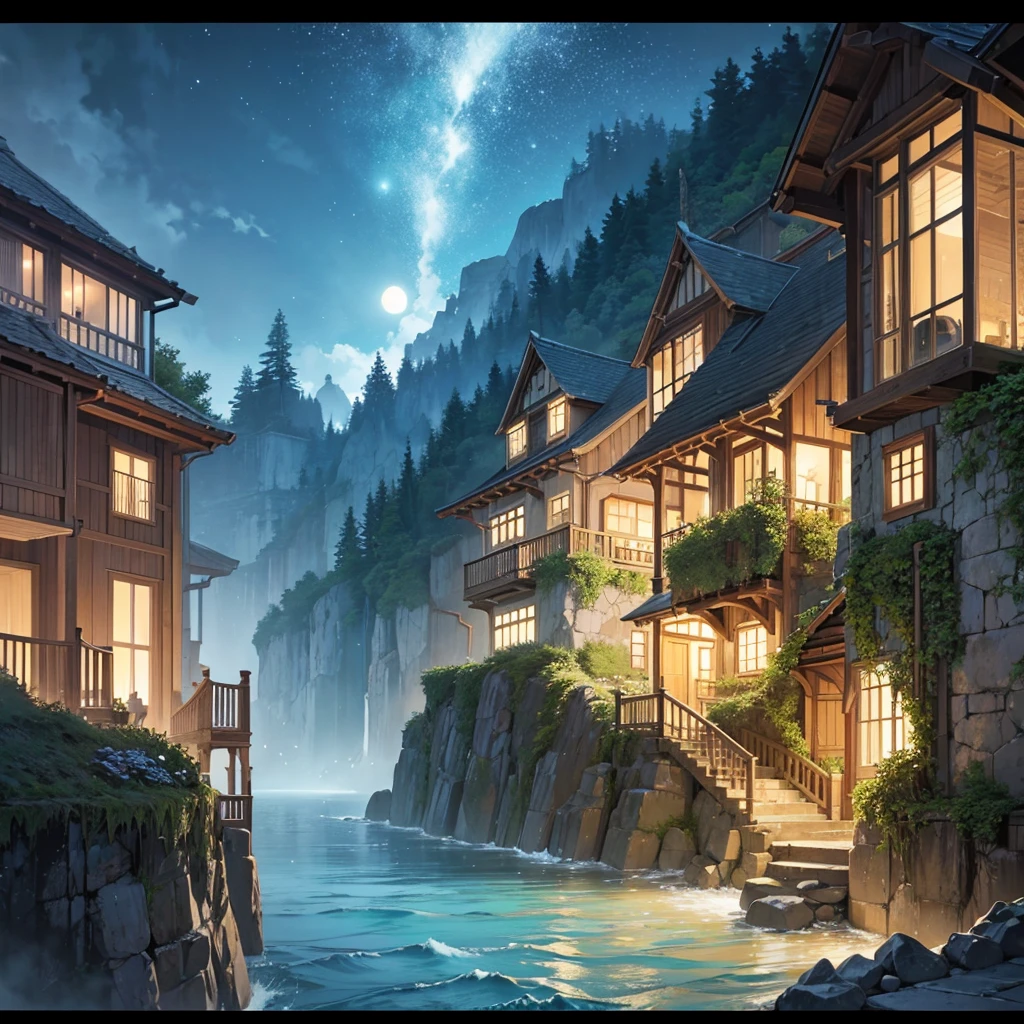 Imagine a quaint, two-story house perched on a cliff overlooking a serene beach, bathed in the soft glow of a full moon. The house, made of smooth, whitewashed stone, has potted plants on the balconies, with vines cascading down the walls. The ocean sparkles under the moonlight, reflecting a sky filled with stars and wispy clouds. The scene exudes a Ghibli vibe, blending fantasy and reality with hyper-detailed color art. The waves gently crash against the shore, and the house seems to hum with a magical energy, as if it’s alive.